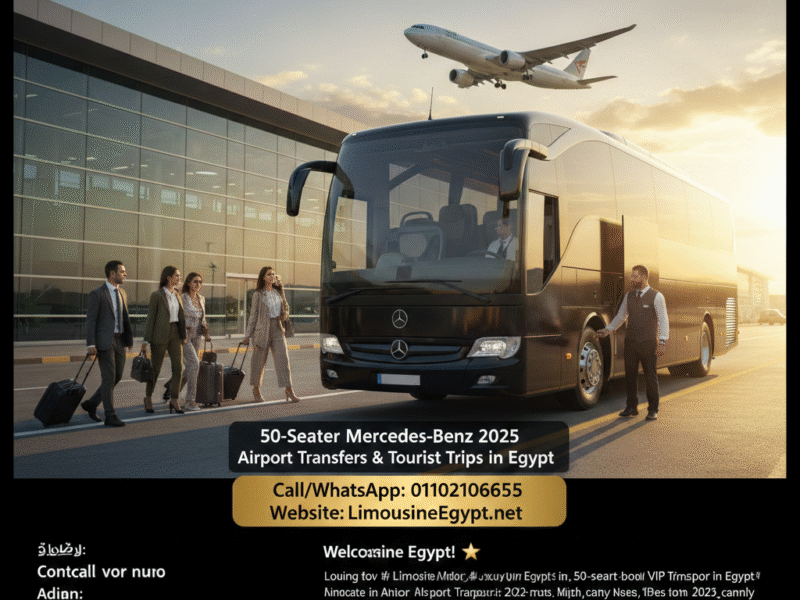 كيفية حجز: ايجار اتوبيس مرسيدس 50 فرد موديل 2025 مع سائق لخدمة ليموزين المطار والنقل السياحي!