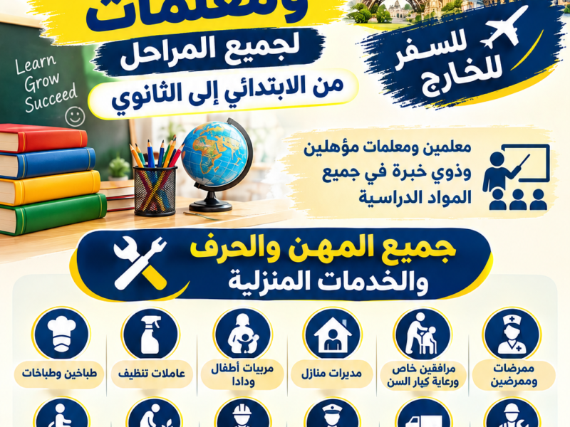 متوفر للاسر والشركات للعمل كافه المهن والحرف للعمل بالخارج