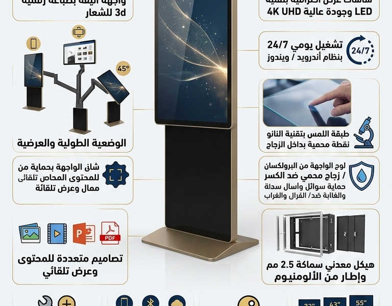 شاشة عرض مبتكرة دوارة طولية وعرضية متعددة الارتفاع . احترافية ضد الكسر والسوائل . طباعة الشعار . رخصة مدي الحياة